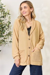 Heimish Women's Shawl Collar Long Sleeve Button-Up Cardigan with Puff Sleeves